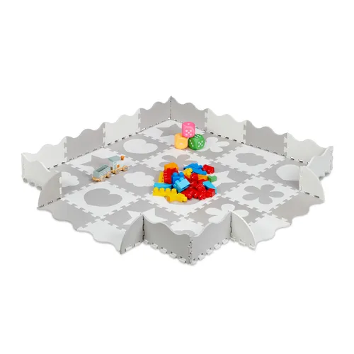 relaxdays 52-tlg. Puzzlematte mit Rand und Motiven, grau - Spielmatte für Kinderzimmer, fördert die Kreativität und schützt vor Bodenkälte. Mit 52 weichen Schaumstoffstücken und aufstellbaren Randstücken für einen sicheren Spielbereich.