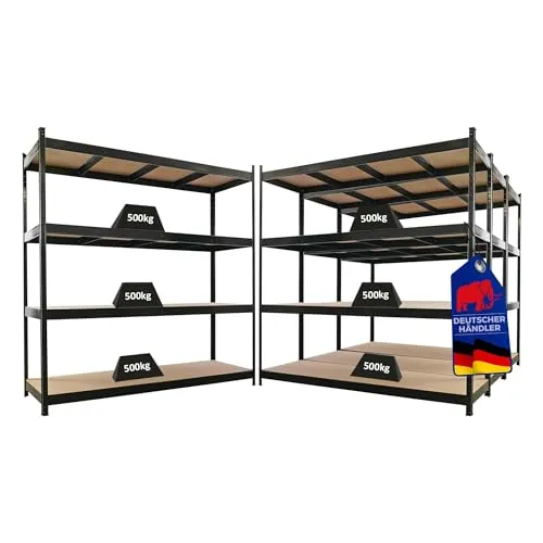 PROREGAL Mega Deal 4X Profi Schwerlastregal Hercules schwarz - Robustes Schwerlastregal mit 4 höhenverstellbaren MDF-Platten, ideal für Werkstatt und Lager. Hohe Stabilität und Tragkraft bis 2000 kg. Schneller Aufbau ohne Schrauben für effiziente Lagerlösungen.