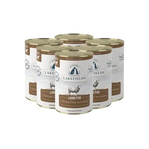 Lakefields Premium Hundefutter Nass | Lamm pur 100% | 6 x 400g | Reines Muskelfleisch | Lammfleisch aus artgerechter Tierhaltung | Getreidefreies Nassfutter für Hunde | Regional & Naturbelassen