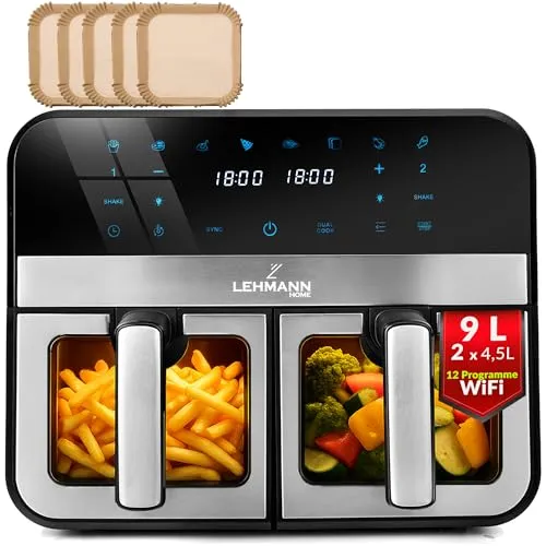 LEHMANN Heißluftfritteuse 2 Kammern XXL mit Sichtfenster, 9L Airfryer Doppelkammer, 2x 4,5L Schublade, WLAN-Steuerung und Touchscreen, 80-200°C, 12 Programmen - Dehydriere, Grillen, Backen ohne Öl