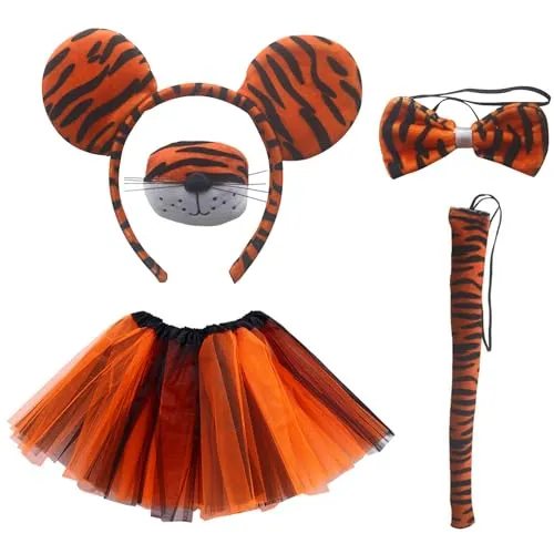 KRYMSON 1 Katzen-Tiger-Anzug, 1 Ballerina-Rock, 1 Stirnband, 1 Schleife, 1 Schwanz und Nase, Tigerkostüm für Kinder, Tierkostüm-Set für Halloween
