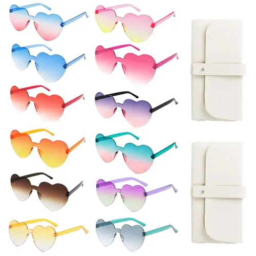 Veiteibe 12 Paar Herz Sonnenbrille Partybrille Set, Transparent Herz Party Brille, Randlose Herzbrillen mit 2 Brillentaschen, für Hochzeit Geburtstag Strand Party Foto Requisiten