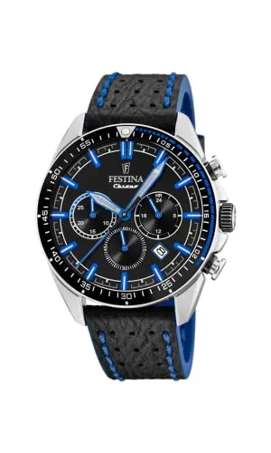 FESTINA F20377/3 Herrenuhr mit Lederarmband - Armbanduhr Herren mit Chronograph und Datumsanzeige, wasserdicht bis 5 ATM, elegantes Design aus Edelstahl und schwarzem Lederarmband.