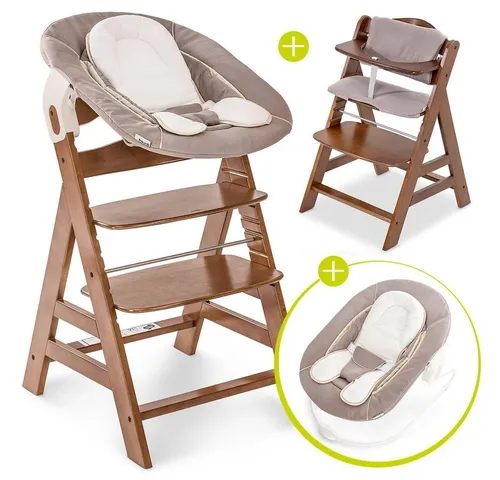 Hauck Hochstuhl Alpha Plus Walnut Newborn Set (Set, 4 St), Holz Babystuhl ab Geburt inkl. Aufsatz für Neugeborene & Sitzauflage