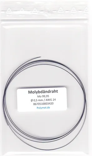 Produktbild Molybdändraht Mo 99,95% Draht-Anode ⌀0,5 x 1000 mm Elektrode 100cm 500 my AWG24