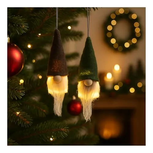 com-four® 2X LED Zwerg mit Nase und Bart - skandinavischer Zwerg mit Zipfelmütze - schwedischer Weihnachtsmann zum aufhängen [Auswahl variiert] (2 Stück - braun. grün/Filz)