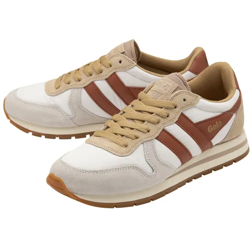 Gola Daytona Chute Damen Sneaker in Offweiß/Braun/Spicy Orange - Sneaker im Vintage-Design mit 90er-Farbpalette und übergroßer EVA-Zwischensohle für optimalen Komfort. Perfekt für modebewusste Frauen, die Stil und Bequemlichkeit schätzen.