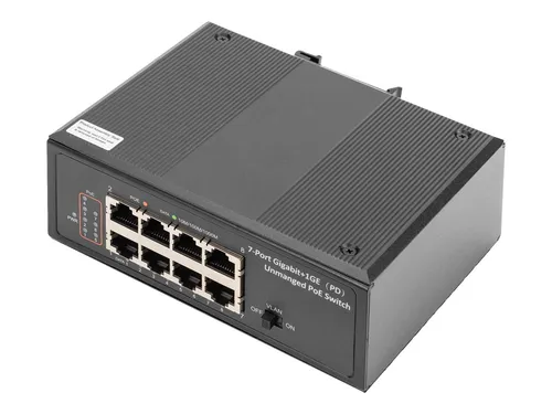 Digitus DN-651113 Industrial Ethernet Switch - Robuster 10/100/1000MBit/s PoE-Switch für extreme Umgebungen, ideal für Transport und Sicherheit, mit Temperaturbereich von -20°C bis 70°C.