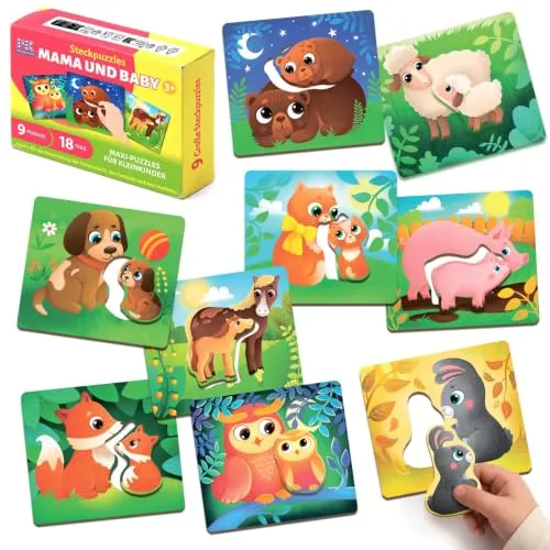 MAGNIKON Puzzle Ab 2 Steckpuzzle Mama & Baby 18 Teile 9 Puzzles Tierpuzzle | Kinderpuzzle Mein erstes Puzzle Lernspielzeug Geschenk Für Junge Und Mädchen Lernpuzzles Motorikspielzeug Montessori Spiele
