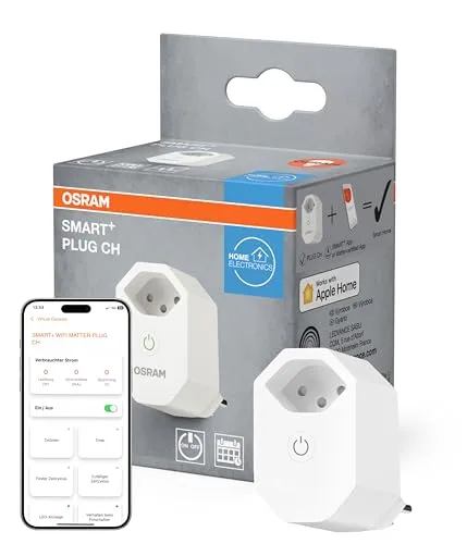 OSRAM SMART+ Wifi Plug CH Steckdose - Schweizer Steckdose für Typ J Stecker, 2300W, kompatibel mit Alexa und Google Home. Integrierter Energiezähler für effizienten Verbrauch.