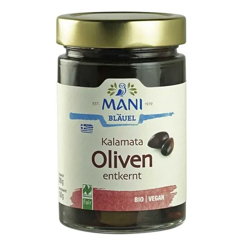 Mani Kalamata Oliven in Lake entkernt bio - Bio Kalamata Oliven in frischem Meersalz-Lake, mild und saftig im Geschmack. Ideal für Vorspeisen, Salate oder warme Gerichte – ganz ohne Konservierungsstoffe.