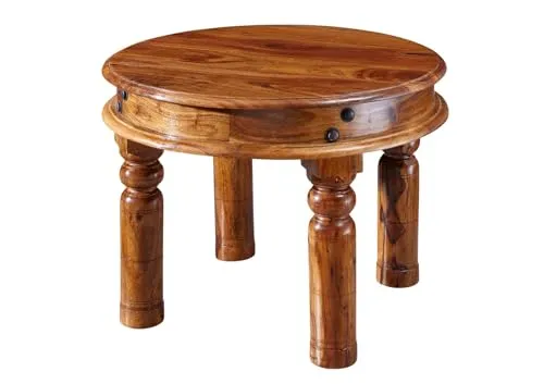 Massivmoebel24.de Couchtisch rund Akazie 60x60x45 - Kaffeetisch im Kolonialstil aus massiver, langlebiger Akazie, honig lackiert, perfekt für stilvolle Wohnräume und lange Freude an Echtholzmöbeln.