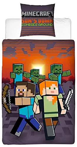 Minecraft Wende-Bettwäsche Sundown 135 x 200 cm - Bettwaren-Set für Kinder aus 100% Baumwolle, mit atmungsaktiver Renforcé-Qualität und zwei tollen Minecraft-Motiven, ideal für einen erholsamen Schlaf.