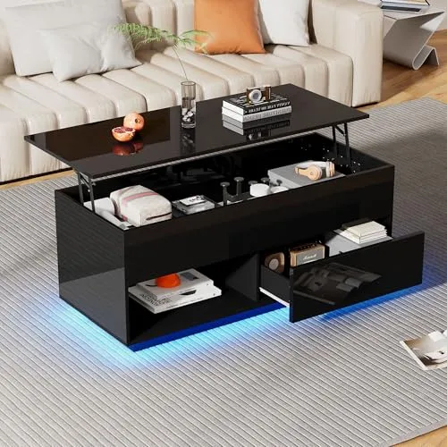BTM Hochglanz-Lift-Teetisch, LED Couchtische, Kaffeetisch, Wohnzimmertisch, 100x50x55cm, Beleuchtung, Hydraulischer Lift, Stauraum, Mehreren Ebenen, Schwarz