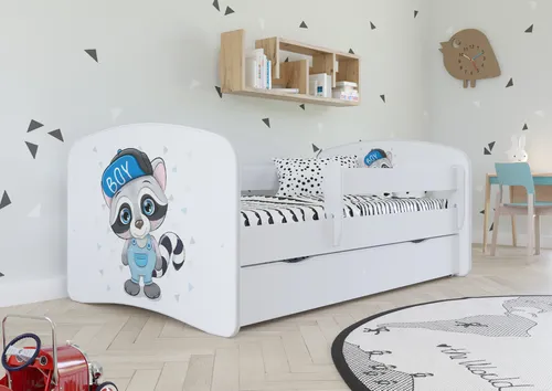 Kinderbett Jugendbett 70x140 cm Weiß mit Matratze Rausfallschutz Schublade und Lattenrost Kinderbetten für Mädchen und Junge - Waschbär