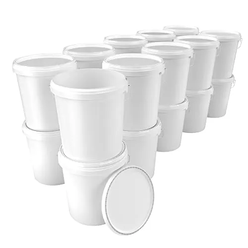 50x Eimer mit Deckel 16 Liter weiß - lebensmittelecht luftdicht und stabil, Leer Eimer mit Griff und Verschluss Deckel aus PP Material für Lebensmittel Chemie Farbe Waschpulver Klebstoffe geeignet