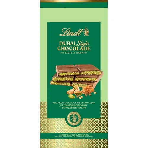 Lindt Schokolade | Dubai Style Chocolade Tafel | 150g | zarte Vollmilch-Schokolade mit feiner Pistaziencreme und knusprigem Kadayif | Schokoladen-Tafel