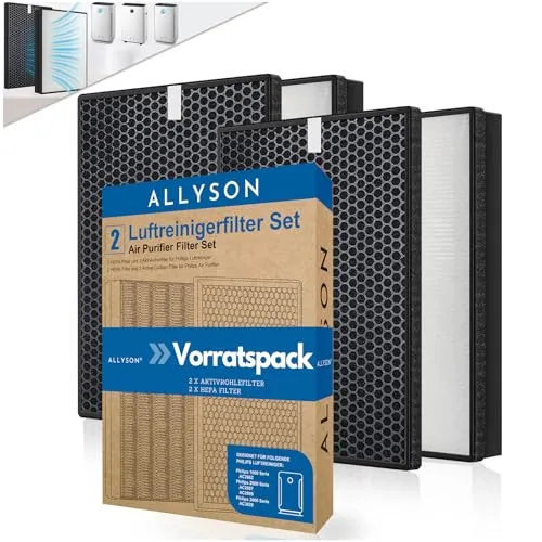Allyson Aktivkohlefilter Set für Philips Luftreiniger - Effektives Filter-Set zur Verbesserung der Luftqualität, kompatibel mit Philips Modellen der Serien 2000 & 3000. Enthält HEPA-Filter für Feinstaub und Aktivkohlefilter gegen unangenehme Gerüche. Ideal für ein frisches Raumklima.