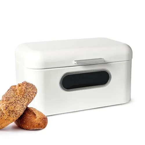 Sendez Brotkasten aus Metall mit Sichtfenster Brotkorb Aufbewahrung für Brot und Brötchen weiß mit Klappdeckel und Lüftung