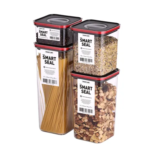 NEOFLAM Smart Seal Vorratsdosen Set 4tlg. - Auslaufsicher und BPA-frei - Plastikaufbewahrungsbehälter, luftdicht und gefrierschrankgeeignet für optimale Frische, Set enthält 4 Vorratsdosen in verschiedenen Größen.