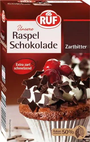 RUF Zartbitter Raspel-Schokolade, 100g geraspelte Schokolade Zartbitter, hauchdünn & zartschmelzend, zum Torten garnieren, glutenfrei und vegan