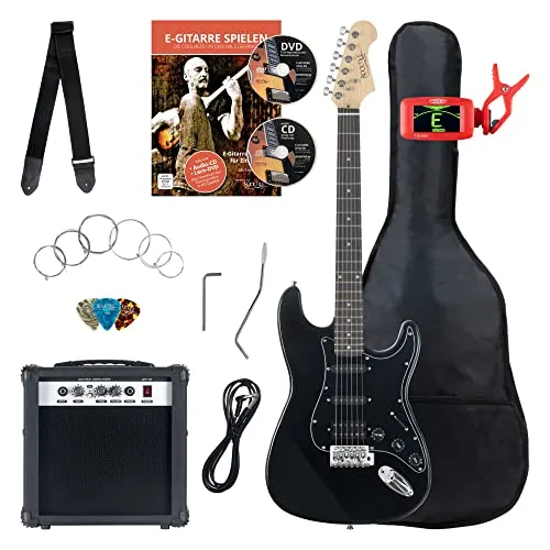 Rocktile ST-Pack Komplettset Power E-Gitarre Schwarz - E-Gitarren-Set mit Verstärker und umfassendem Zubehör, ideal für Einsteiger. Inklusive Stimmgerät, Tasche und Gitarrenschule mit CD/DVD für einen perfekten Start!