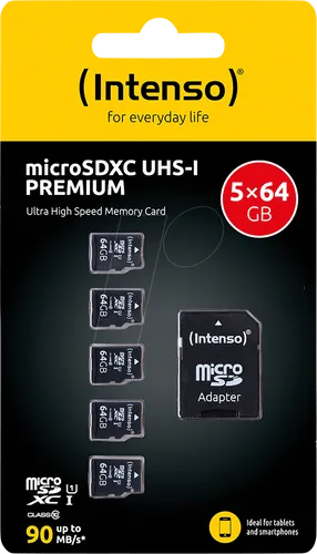 Intenso Premium microSDXC 5er Pack 64GB Class 10 UHS-I Speicherkarte - Speicherkarten für Smartphones & Tablets, extrem hohe Lesegeschwindigkeit von bis zu 90 MB/s, wasserfest und stoßfest für maximale Sicherheit.