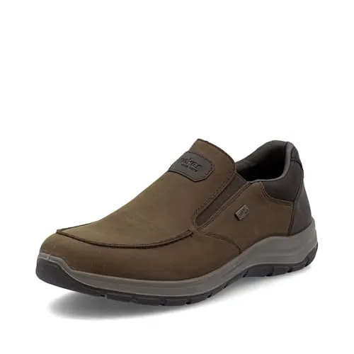 RIEKER Herren Slipper Gr. 43, Dunkelbraun-Schwarz - Herren-Slipper aus Nubukleder mit riekerTEX-Membran, atmungsaktiv und wasserabweisend. Perfekt für den casual Look und ideal für bequemen Tragekomfort.