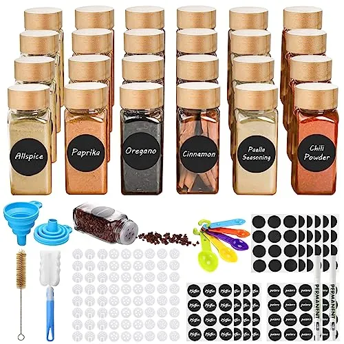 TWBEST Gewürzgläser 24er Set, Gewürzgläser Eckig mit Streueinsatz,120ml Gewürzdosen mit Bambusdeckel,für Gewürzregal, Schrank, Schublade,Gewürzdosen Set Glas
