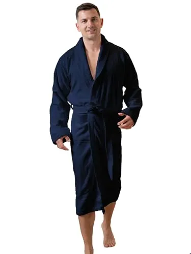 SIEGENTHAL Herrenbademantel Dunkelblau M/L - Eleganter Schalkragen-Bademantel aus 100% Baumwolle, knielang und weich. Ideal für entspannte Stunden zu Hause, mit praktischen aufgesetzten Taschen und Gürtel.