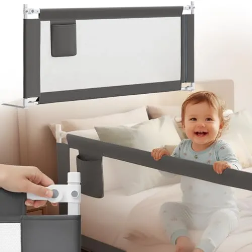 Bellabino Drina Rausfallschutz – Bettschutzgitter Boxspringbett – Bettgitter 180 cm Dunkelgrau – Baby Bettumrandung höhenverstellbar 69-99 cm – Schutzgitter mit Sicherheitsgurt Bett/Kinderbett