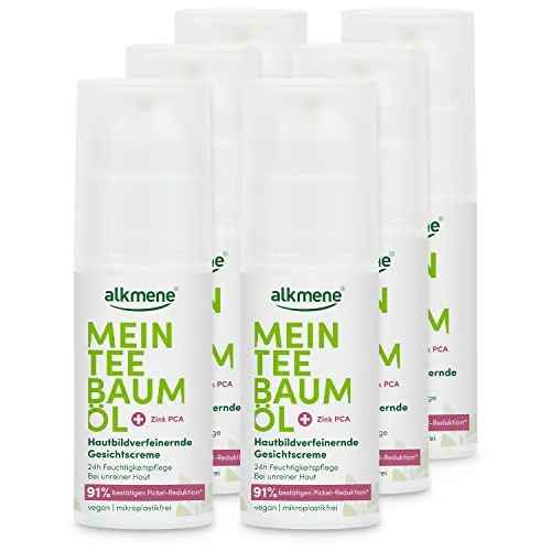 alkmene Mein Teebaumöl Gesichtscreme 6x 50 ml - Tagespflege mit 91% bestätigter Pickel-Reduktion, vegan und klimaneutral – spendet 24h Feuchtigkeit und verfeinert die Poren für reine Haut.