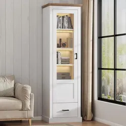 Merax Standvitrine mit LED-Beleuchtung, 5 Ablageflächen, USB-Fernbedienung, mattweiß mit Naturholzdekor, 178x50x35 cm – modernes Design - Weiß