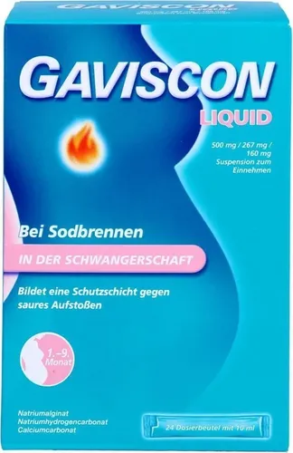 GAVISCON Liquid Suspension bei Sodbrennen in der Schwangerschaft - Arzneimittel zur schnellen Linderung von Sodbrennen und Reflux, wirkt bis zu 4 Stunden lang mit pflanzlichem Alginat aus Braunalgen, ideal für Schwangere.