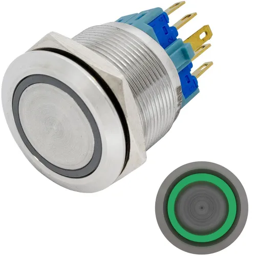 Edelstahl Drucktaster Flach Ø22mm Ring LED Grün IP65 2,8x0,5mm Pins 250V 3A Vand
