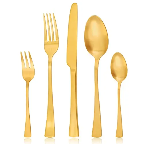 Besteck Set 6 Personen, Bettlife Gold 30 teilig Essbesteck Set, Monobloc-Messer, Edelstahl poliert, spülmaschinenfest