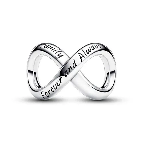 Pandora 793243C00 - Für immer & immer Unendlichkeit Charm - Charm aus Sterling Silber mit Unendlichkeitssymbol und Gravur 'Family Forever and Always'. Perfekt für die Pandora Moments Kollektion und ein bedeutungsvolles Geschenk für Familie.