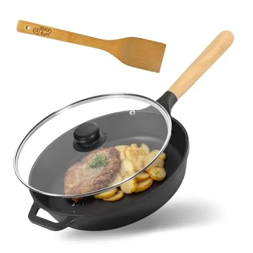 4BIG.fun Gusseisen Pfanne Ø28cm BRIZOLL - Vielseitige Schmor- und Bratpfanne für alle Herdarten mit abschraubbarem Griff und Glasdeckel. Hervorragende Wärmeleitung für gleichmäßige Garung und langlebige Qualität.