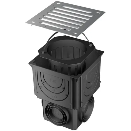 RUG Self Haus u. Hofablauf 250 x 250mm - Gartenentwässerung mit variablem Ablauf DN 80/100/125, verzinktem Rost und herausnehmbarem Schlammeimer für einfache Reinigung und optimale Abwasserableitung.