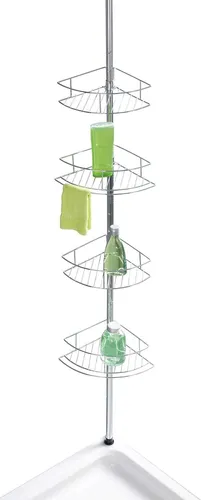 WENKO Teleskop-Eckregal Dolcedo - höhenverstellbares Badregal mit 4 Ablagen, rostfreies Edelstahl-Design für mehr Ordnung im Badezimmer