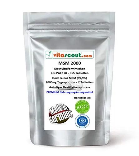 MSM - Methylsulfonylmethan - 365 Tabletten - 2000mg Tagesportion (=2 Tabletten) - 99,9% Reinheit - LABORGEPRÜFT - MADE IN GERMANY - hochdosiert