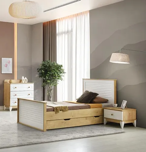 Stilvolles 3-tlg. Schlafzimmermöbel Set: Bett, Kommode & Nachttisch - Elegantes Set für Ihr Schlafzimmer, bestehend aus Bett (100x200 cm), Kommode und Nachttisch. Hergestellt aus hochwertigem Holz in Braun, modern im Design, mit 4 Schubladen für zusätzlichen Stauraum.