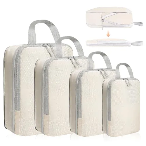 Kompressionsgepäcktasche, Packwürfel, Kompressionswürfel, Reise-Organizer, ultraleicht, Aufbewahrung für Koffer für alle Ihre Reisebedürfnisse (Beige, 4-teilig)