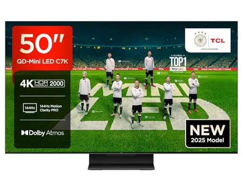 TCL 50C7K 50 Zoll QD-Mini LED Fernseher - Fernseher mit QD-Mini-LED-Technologie für lebendige Farben und hohen Kontrast, ideal für Gamer mit 144Hz Motion Clarity Pro und HDMI 2.1 Unterstützung.