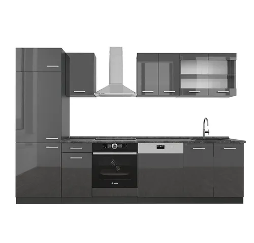 Vicco Küchenzeile R-Line, Anthrazit Hochglanz, 300 cm - Moderne Küchenzeile in Anthrazit Hochglanz, ideal für funktionale Küchenlösungen. Ergonomische Höhenverstellung und anpassbare Module für individuelles Kochen und Genießen!