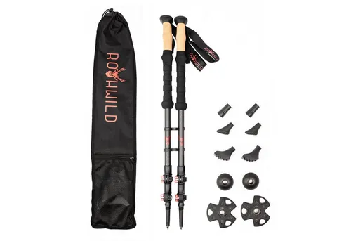 Rothwild Wanderstöcke Steinbock – Carbon Trekkingstöcke mit Kork-Griff - Wanderstöcke aus leichtem Carbon (105-135 cm) mit umfangreichem Zubehör für optimale Stabilität und Komfort beim Wandern, Nordic Walking und Bergsteigen.