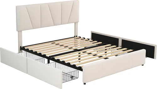Doppelbett,Polsterbett(Beige,140*200cm)Kingsize Polster Plattform Bett mit vier Schubladen auf zwei Seiten, Verstellbares Kopfteil