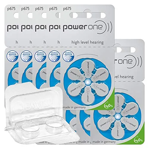 60x Power One 675 Hörgerätebatterien 10x6er Blister PR44 Blau 24600 + Aufbewahrungsbox für 2 Hörgerätebatterien (10, 13, 312, 675), Batteriebox für 2 Knopfzellen bis 12 mm x 6 mm (Ø x H)