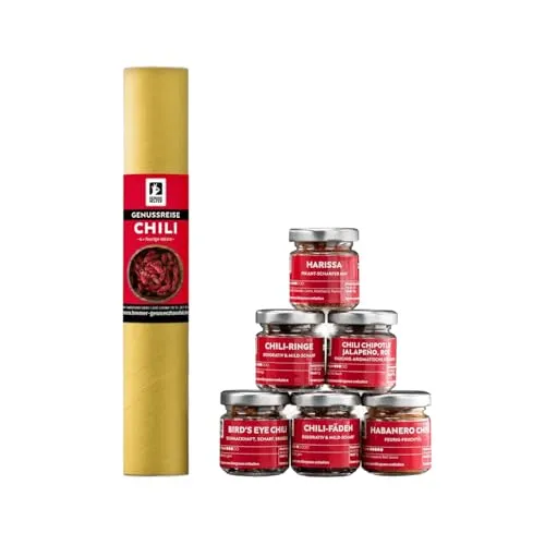 Bremer Gewürzhandel Genussreise Chili, Gewürzset mit 6 verschiedenen Chili-Gewürzen, pikantes Genusserlebnis in wiederverwendbaren Gläsern, tolles Geschenk, 77g