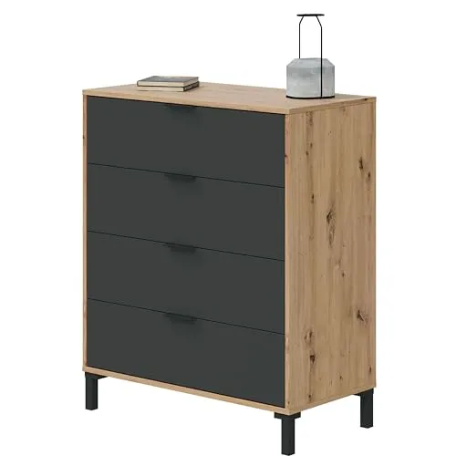 FORES HABITAT Kommode 4 Schubladen - Nodi Eiche Dekor / Anthrazitgrau - Schubladenkommode mit 4 geräumigen Schubladen, modernes Design in Nodi Eiche Dekor und anthrazitgrau, ideal für stilvolle Aufbewahrungslösungen.